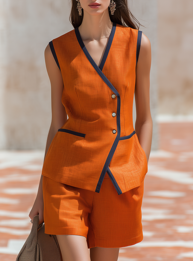Retro Color-blocked Trim Asymmetrical Cotton-linen Vest And Shorts Set