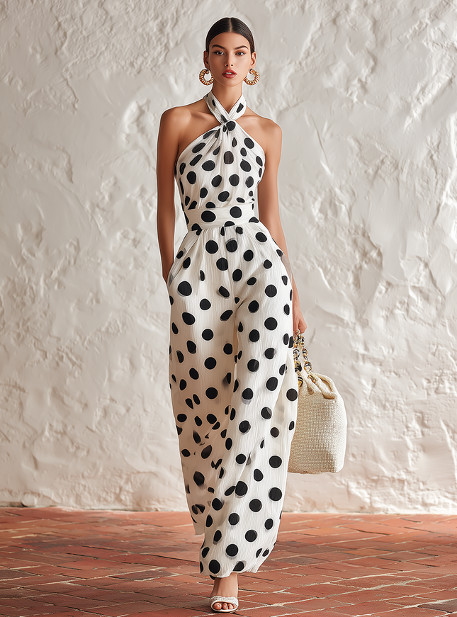 Elegant Retro Classic Polka Dot Chiffon Halter Jumpsuit