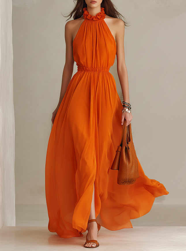 Urban Quiet Luxury Orange Sleeveless Halter With Elastic Waist Maxi Dress