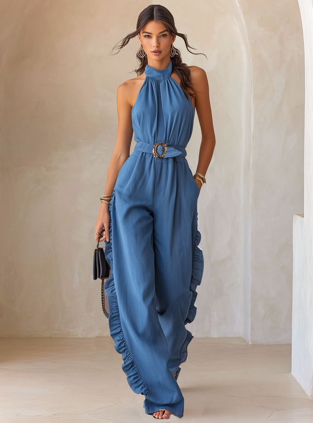 Stylish Blue Halter Belt Ruffle Trim Faux Denim Jumpsuit