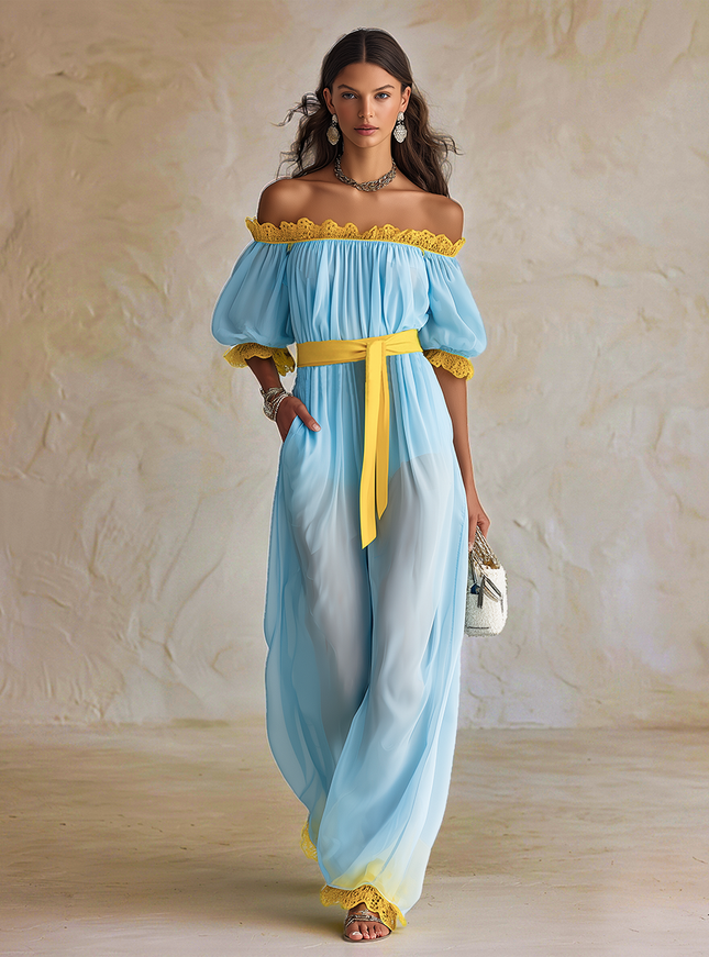 Stylish Blue Off-Shoulder Lantern Short Sleeves Waist Tie Yellow Lace Chiffon Jumpsuit