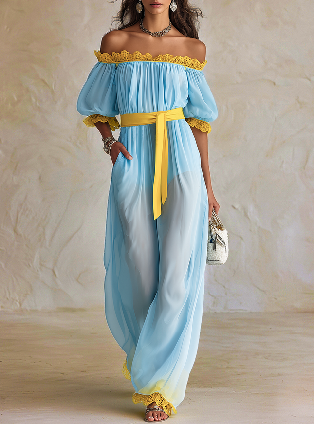 Stylish Blue Off-Shoulder Lantern Short Sleeves Waist Tie Yellow Lace Chiffon Jumpsuit