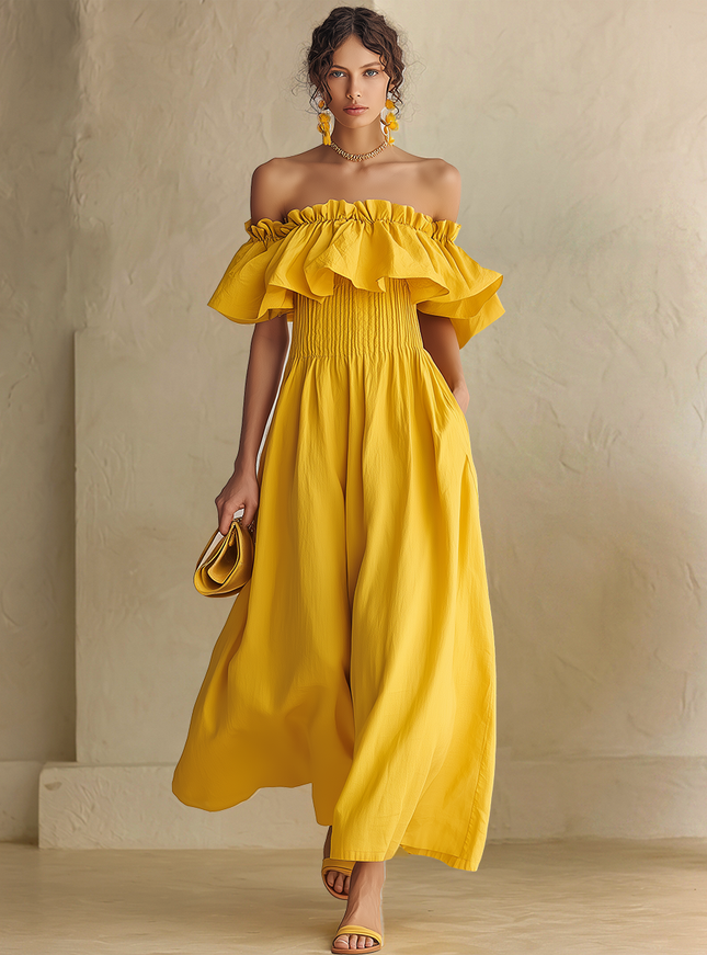 Stylish Yellow Off-Shoulder  Ruffles Ruched Waist Cotton-Linen Maxi Dress