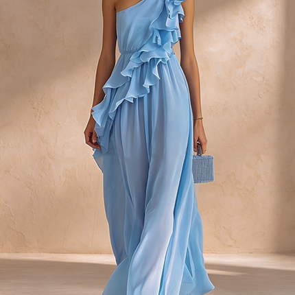 Urban Quiet Luxury Blue Sleeveless One Shoulder Chiffon Maxi Dress