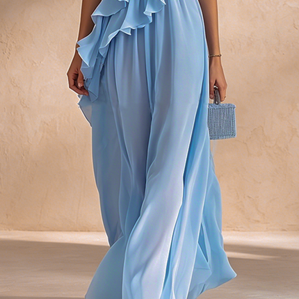 Urban Quiet Luxury Blue Sleeveless One Shoulder Chiffon Maxi Dress