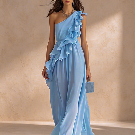 Urban Quiet Luxury Blue Sleeveless One Shoulder Chiffon Maxi Dress