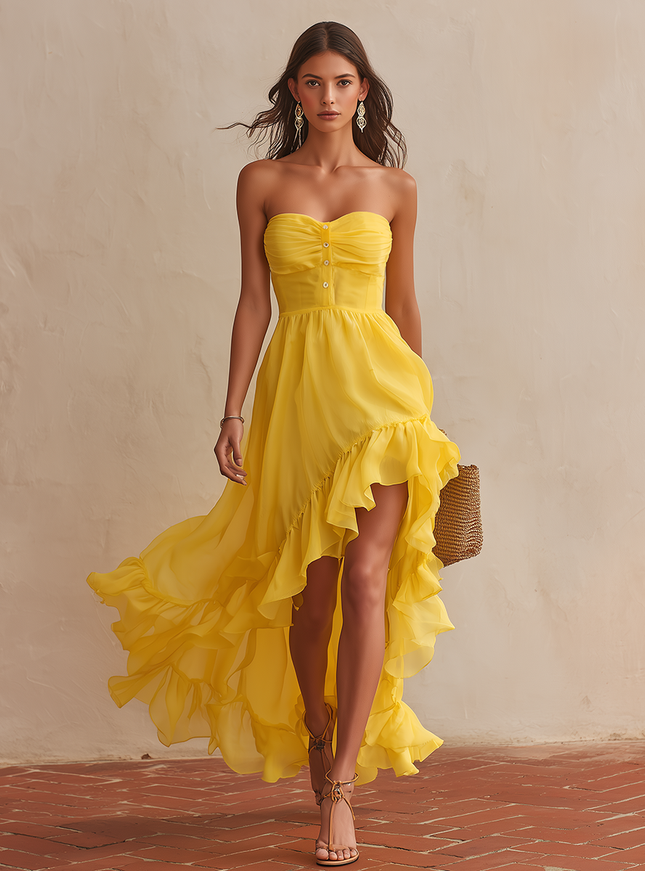 Retro-chic Chiffon Strapless Asymmetrical Ruffled Hem Dress