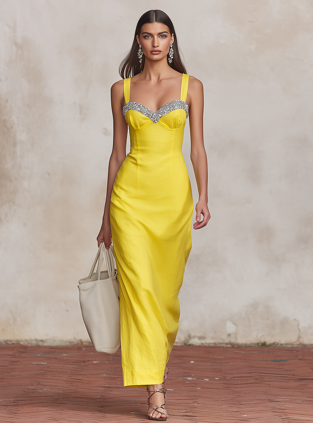 Elegant High-quality Sequined Cotton And Linen Slip Dress