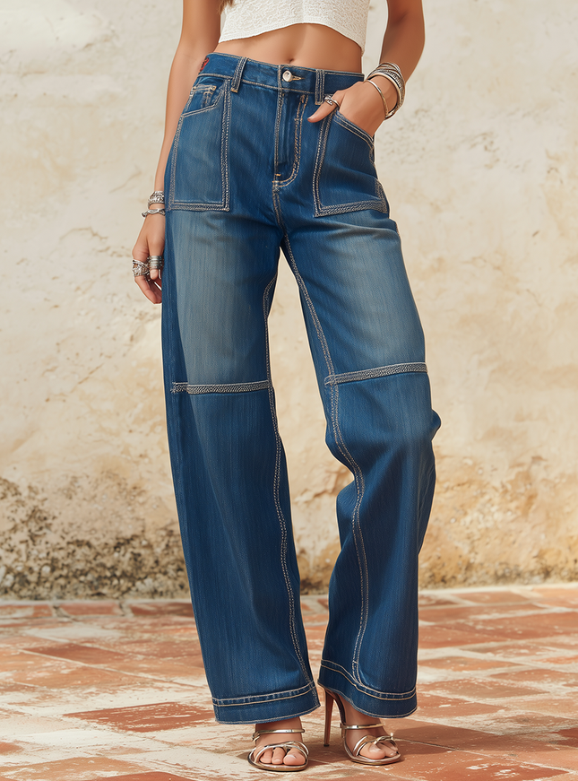 Vintage Washed Distressed Multi-pocket Straight Leg Jeans