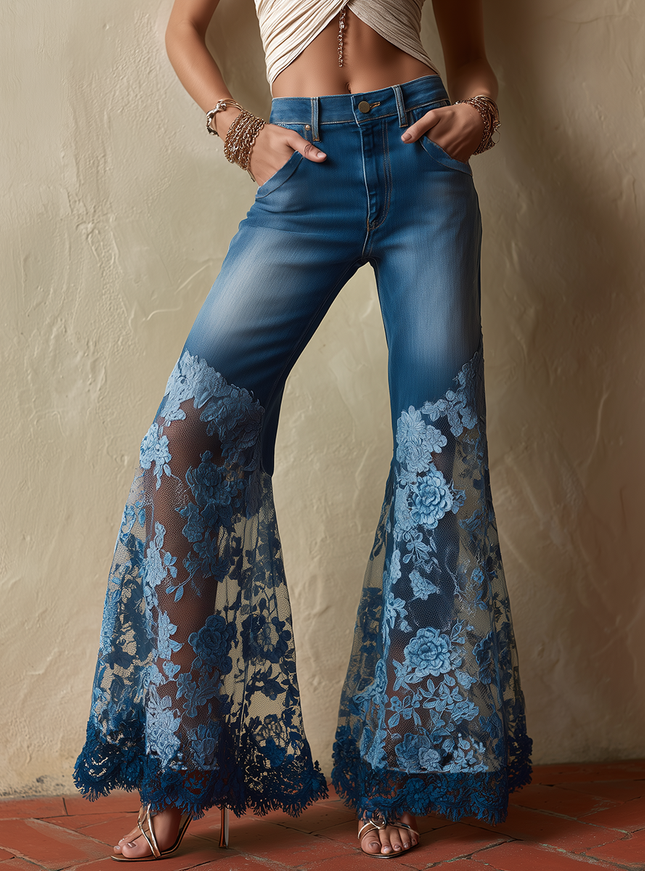 Elegantly Designed Patchwork Lace Flared Jeans