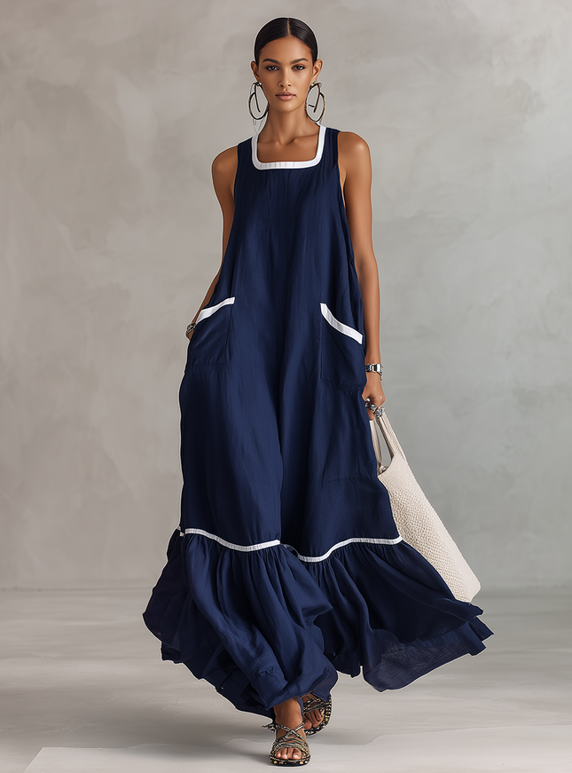Retro Color-blocked Square Neck Sleeveless Ruffled Cotton And Linen Maxi Dress