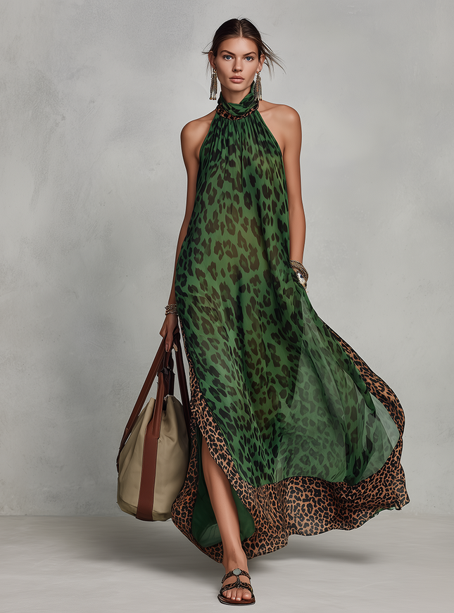 Retro Leopard Print Chiffon Halter Neck Maxi Dress