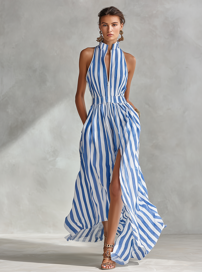 Retro Bohemian Classic Striped Slit Cotton Linen Dress