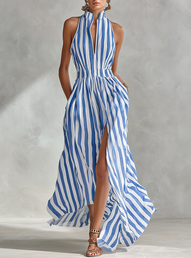 Retro Bohemian Classic Striped Slit Cotton Linen Dress