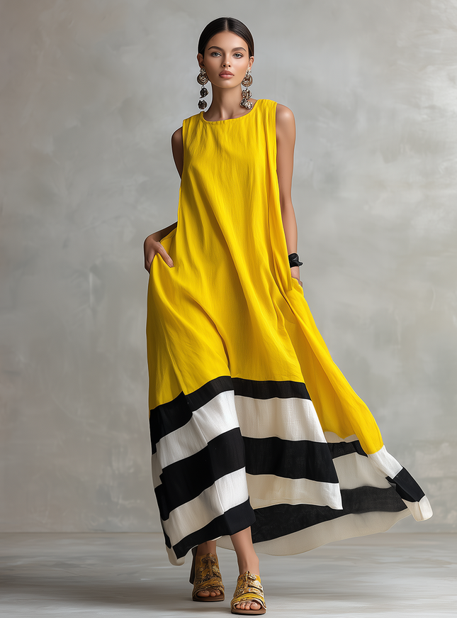 Bohemian Retro Patchwork Striped Cotton And Linen Dress