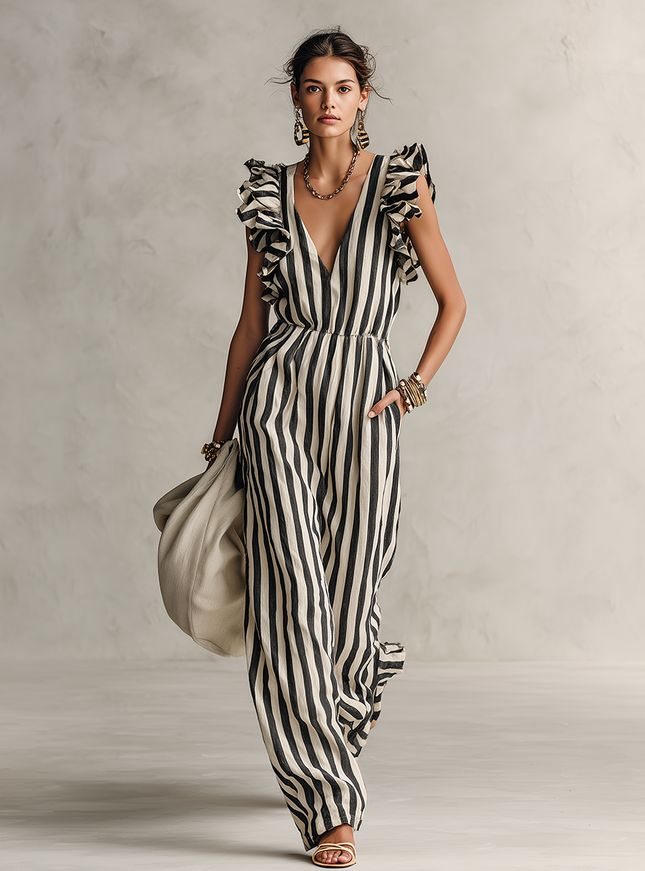 Retro Bohemian V-neck Ruffled Striped Cotton Linen Jumpsuit