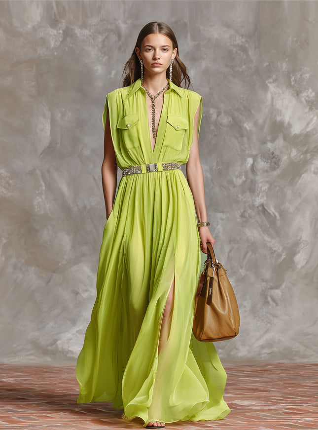 Chic And Elegant Light Green V-neck Sleeveless Chiffon Maxi Dress