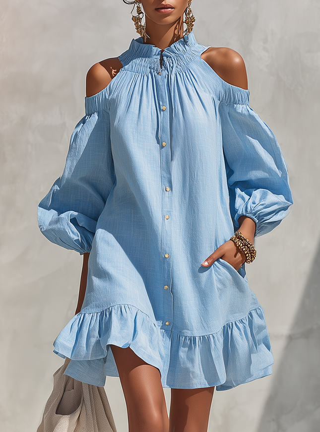 Bohemian Retro Cutout Shoulders Ruffled Hem Cotton Linen Dress
