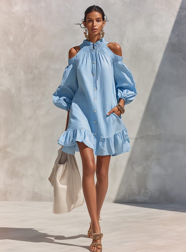 Bohemian Retro Cutout Shoulders Ruffled Hem Cotton Linen Dress
