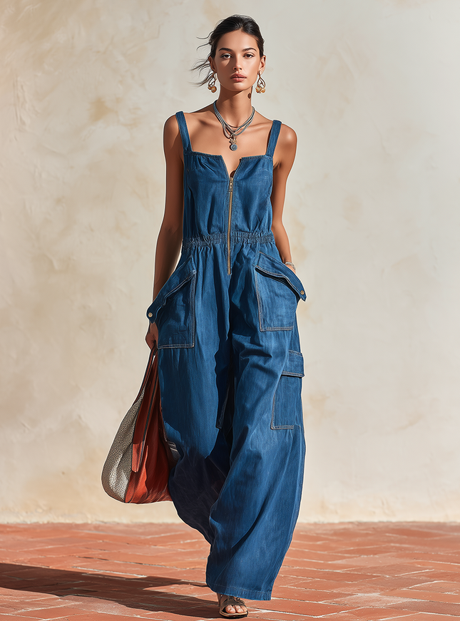 Retro Street Style Trendy Square Neck Multi-pocket Denim Jumpsuit