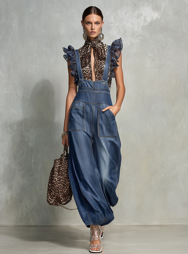 Retro And Elegant Design Ruffled Denim Jumpsuit