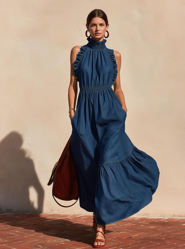Retro-style Ruffled Trim Sleeveless Denim Maxi Dress