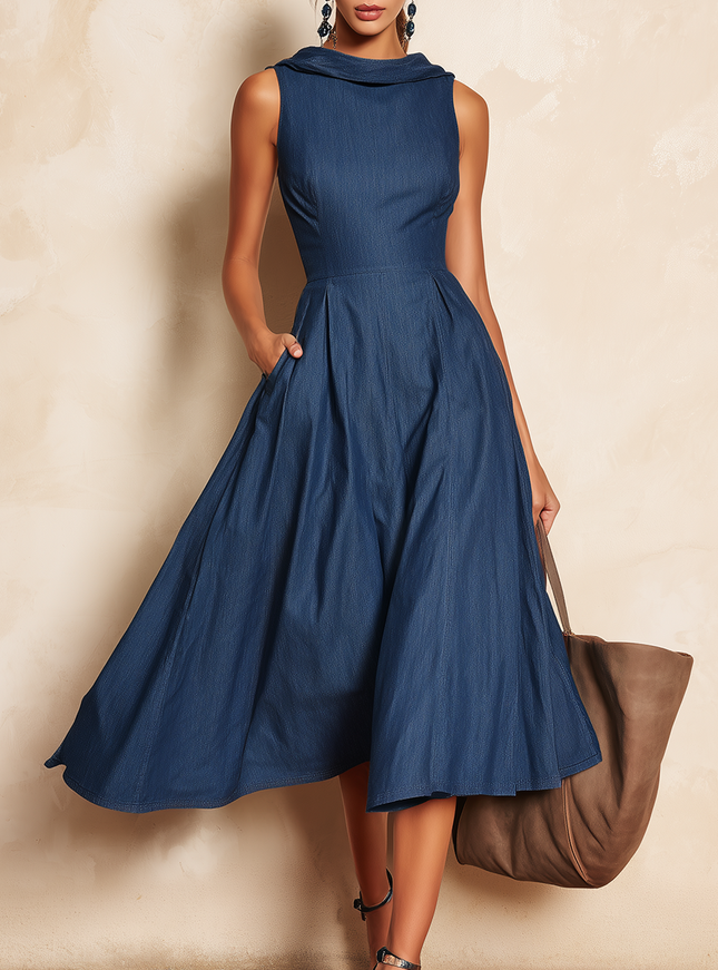 Elegant Retro Boat Neck Sleeveless Denim Umbrella Dress