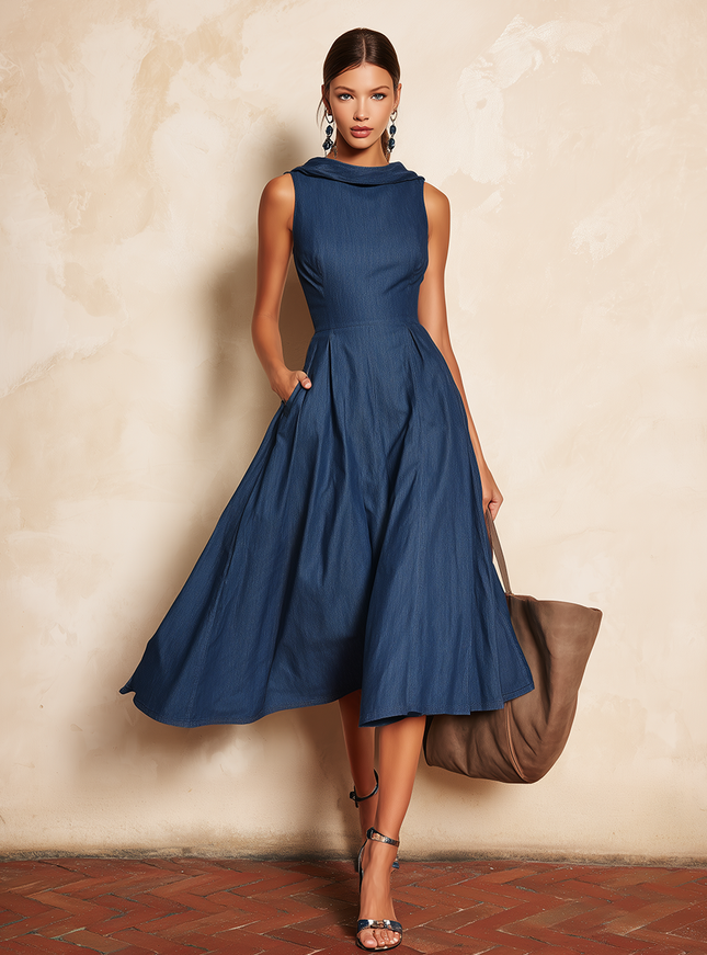 Elegant Retro Boat Neck Sleeveless Denim Umbrella Dress