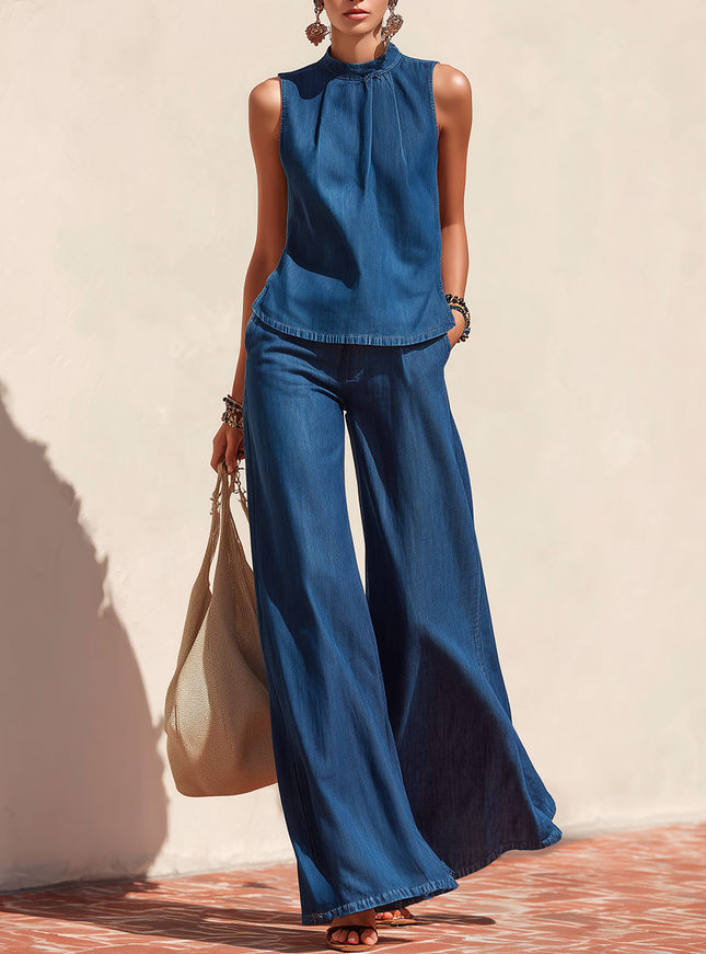 Retro-elegant Sleeveless Denim Top And Flared Jeans Set