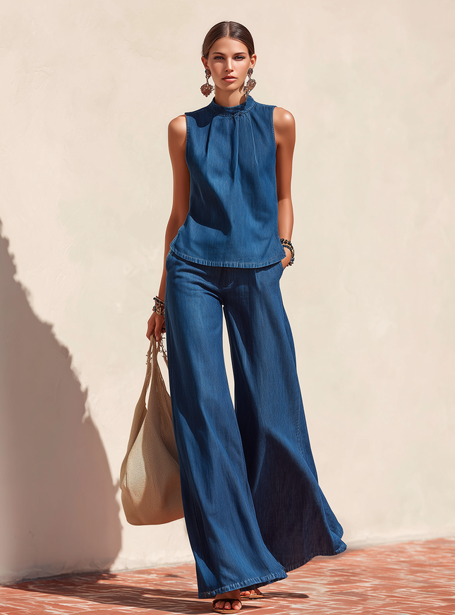 Retro-elegant Sleeveless Denim Top And Flared Jeans Set