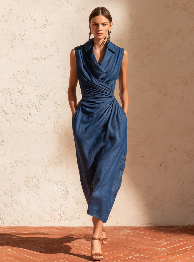 Retro Chic Elegant Pleated Denim Dress