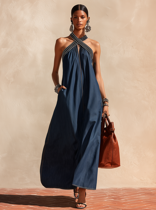 Trendy Retro Striped Halter Neck Denim Dress