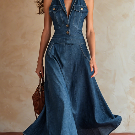 Urban Minimalist Blue Denim Collared Sleeveless Midi Dress