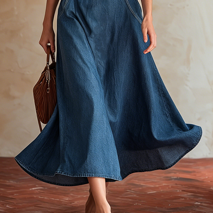 Urban Minimalist Blue Denim Collared Sleeveless Midi Dress