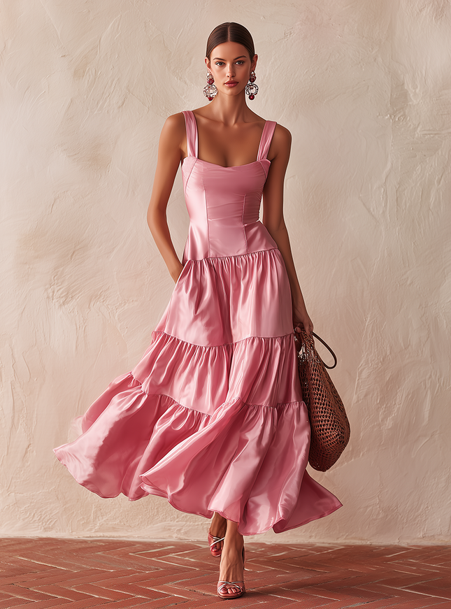 Elegant And Stylish Retro Square Neck Ruffled Satin Dress