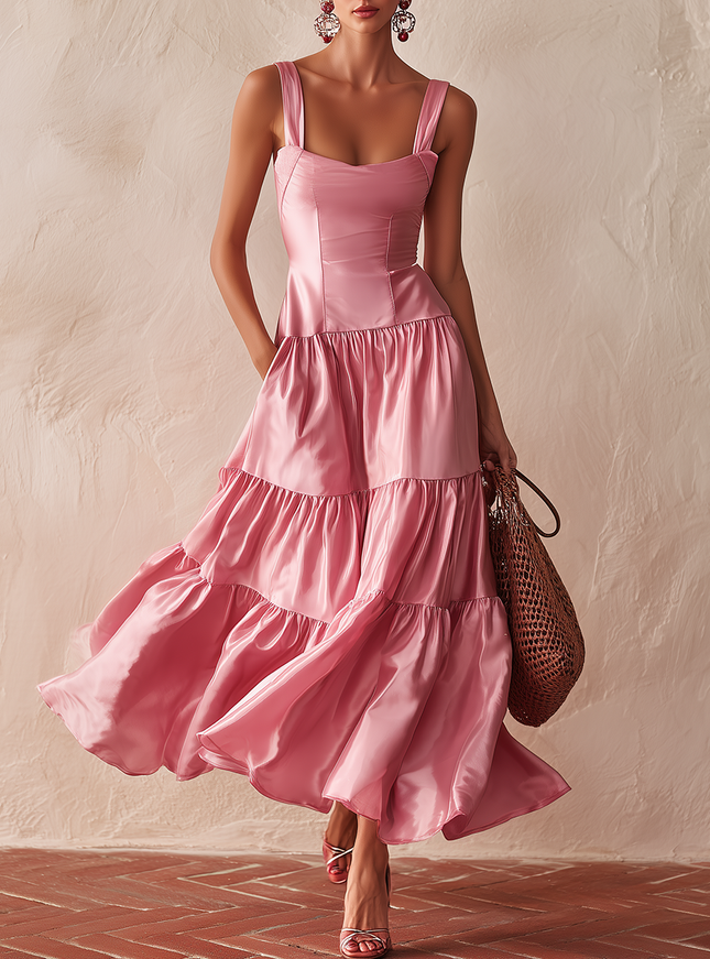 Elegant And Stylish Retro Square Neck Ruffled Satin Dress