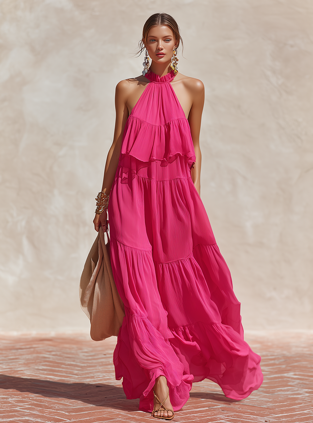 Elegant Resort-style Layered Ruffled Chiffon Maxi Dress