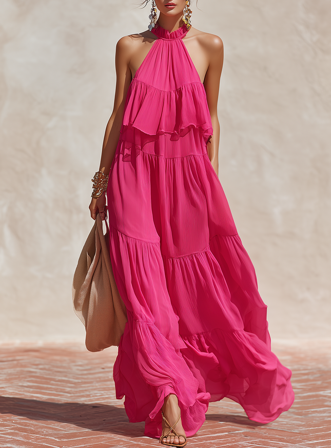 Elegant Resort-style Layered Ruffled Chiffon Maxi Dress