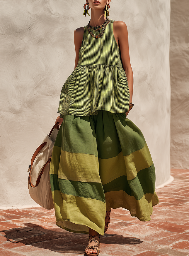 Retro-chic Striped Top And Color-blocked Wide-leg Pants