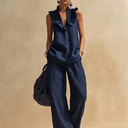 Retro Minimalist V-neck Ruffled Top And Wide-leg Cotton-linen Set