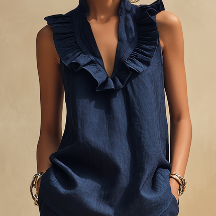 Retro Minimalist V-neck Ruffled Top And Wide-leg Cotton-linen Set