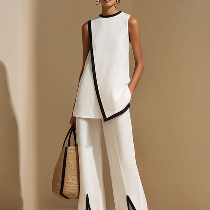 Retro-elegant Color-blocked Trim Cotton-linen Top And Wide-leg Pants Set