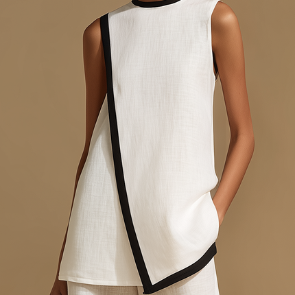 Retro-elegant Color-blocked Trim Cotton-linen Top And Wide-leg Pants Set
