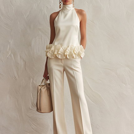 Elegant Minimalist High-quality Turtleneck Sleeveless Top And Flared Pants Set