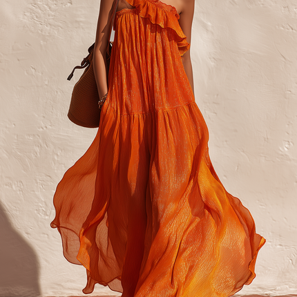 Elegant Vacation Retro One-shoulder Ruffle Maxi Dress