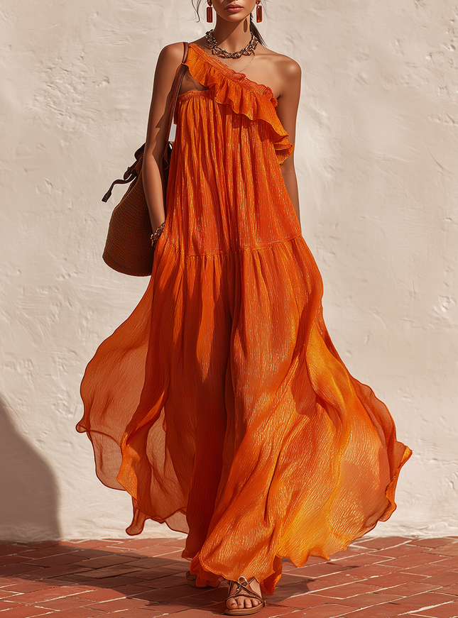 Elegant Vacation Retro One-shoulder Ruffle Maxi Dress