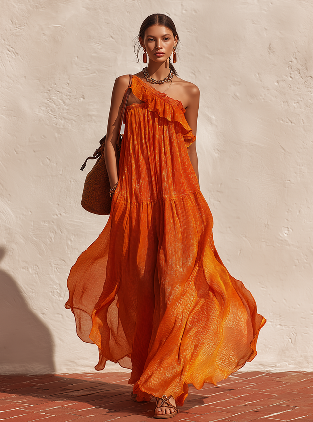 Elegant Vacation Retro One-shoulder Ruffle Maxi Dress