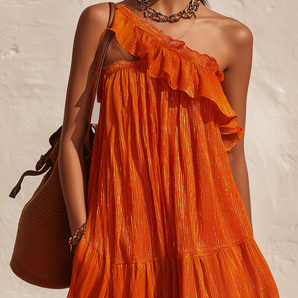 Elegant Vacation Retro One-shoulder Ruffle Maxi Dress