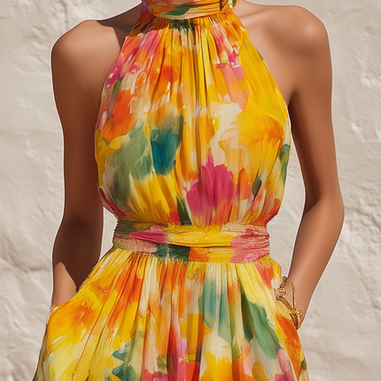Elegant Vacation Floral Print Chiffon Turtleneck Maxi Dress