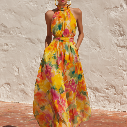 Elegant Vacation Floral Print Chiffon Turtleneck Maxi Dress